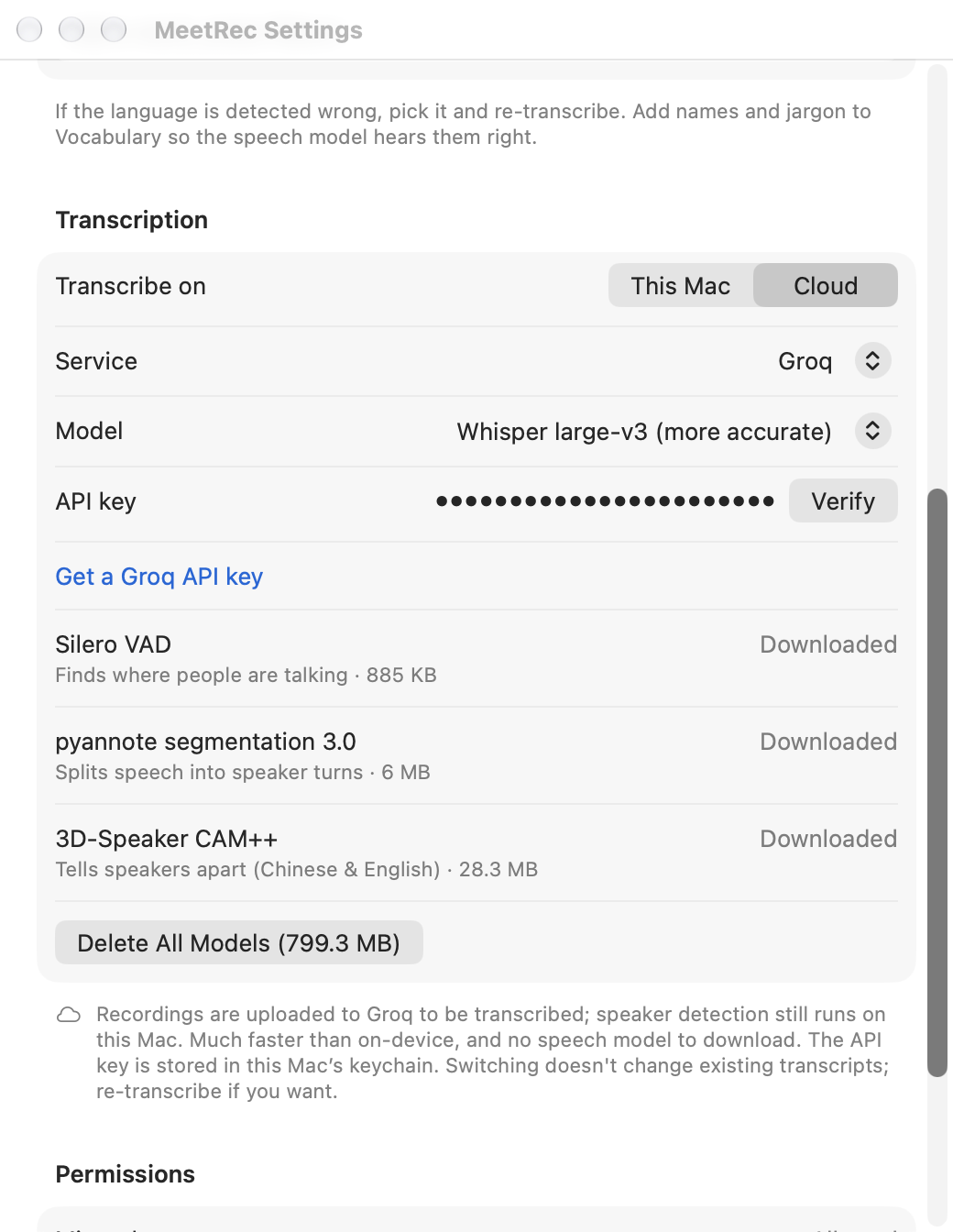 MeetRec Settings with Transcribe on set to Cloud, service Groq and model Whisper large-v3